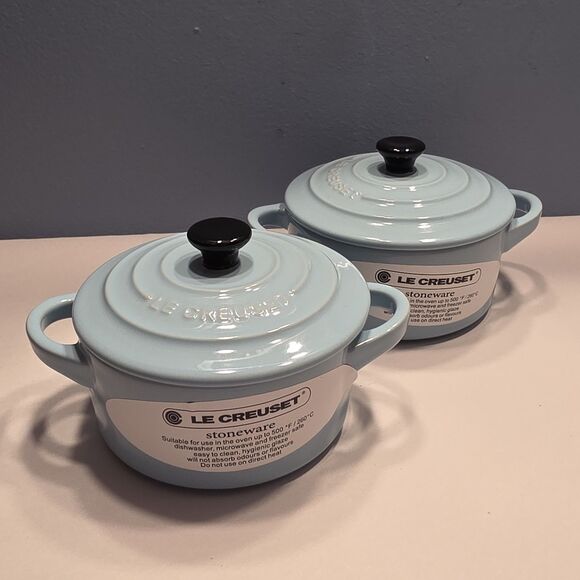 Pair Le Creuset 2 Pc Set Mini Round Cocotte Sky Blue Stoneware Pots with Lids - Picture 1 of 11